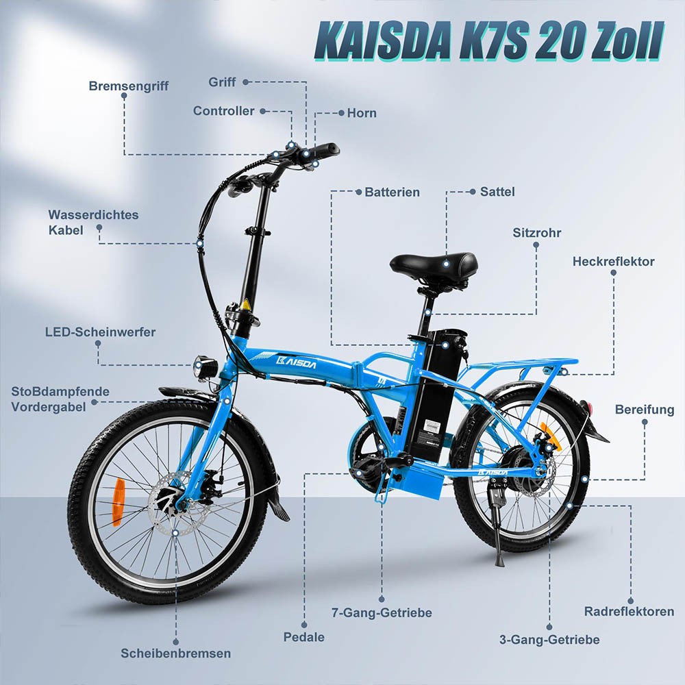 Bicicleta elétrica KAISDA K7S 20 polegadas 36V 12,5Ah 25km/h 250W Motor Azul