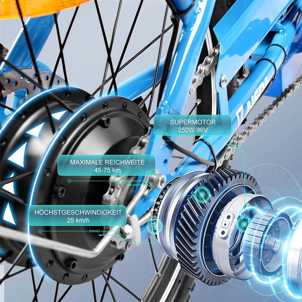 KAISDA K7S elektromos kerékpár 20 hüvelykes 36V 12,5Ah 25km/h 250W motor kék
