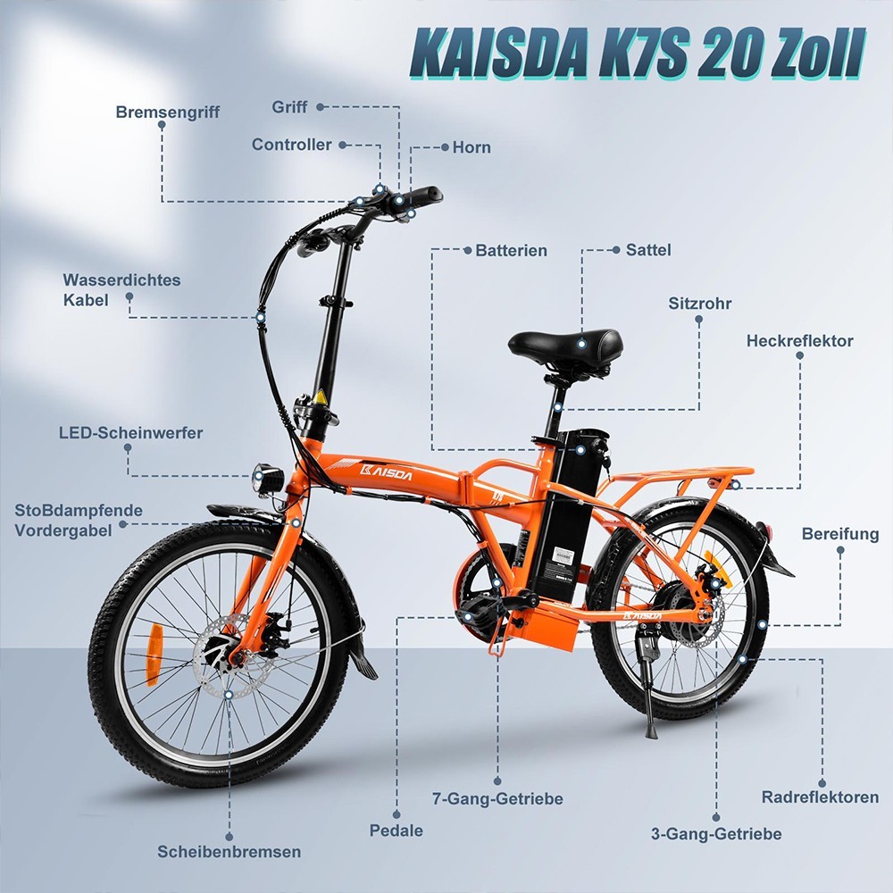 Bicicleta Elétrica KAISDA K7S 20 polegadas 36V 12,5Ah 25km/h 250W Laranja