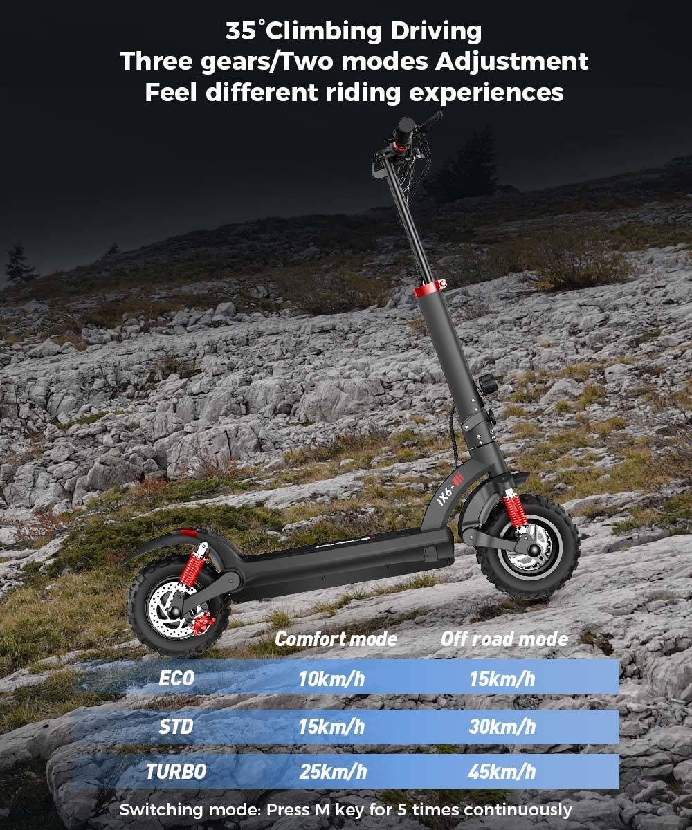 IScooter iX6-patinete eléctrico, neumáticos todoterreno de 11 pulgadas, Motor trasero de 1000W, velocidad máxima de 45 km/h, batería de 48V, 17.5 Ah, alcance de 40-45km