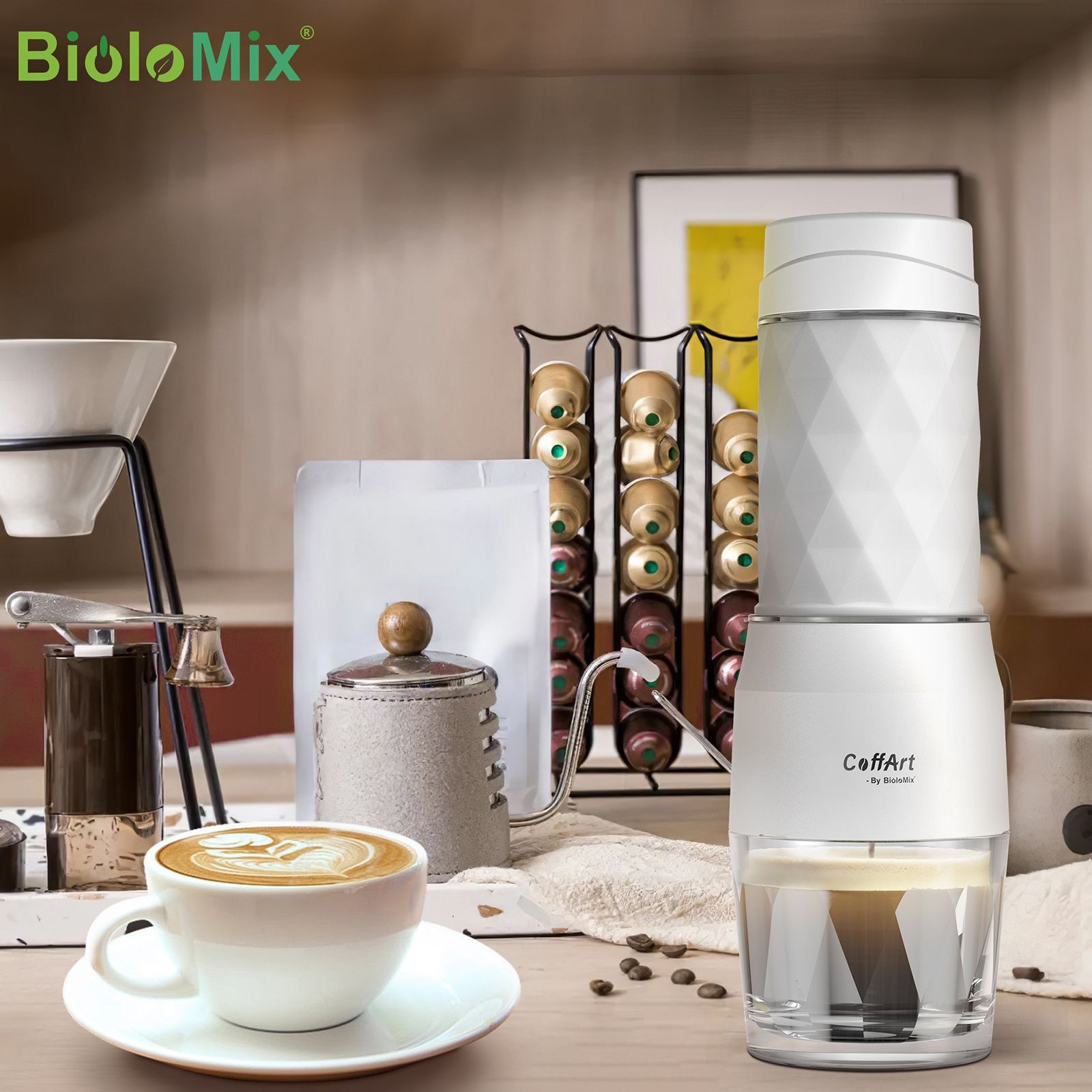 Przenośny ekspres do kawy biały BioloMix HS8439