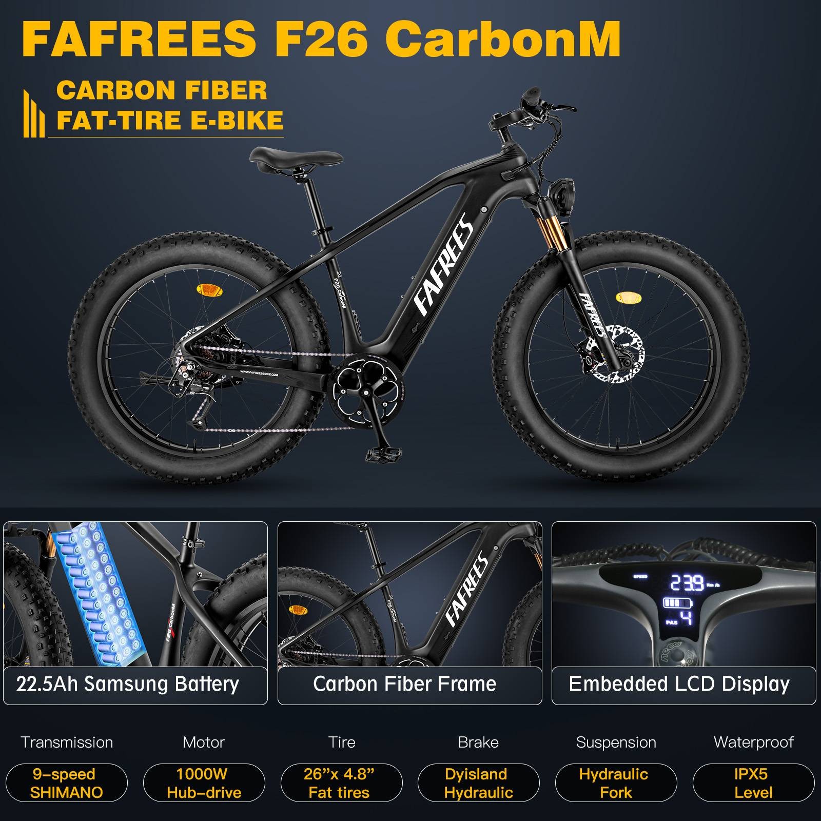 FAREES F26 Carbon M E-bike Bicicleta Elétrica 26*4.8 Polegadas Pneu 1000W Motor Preto