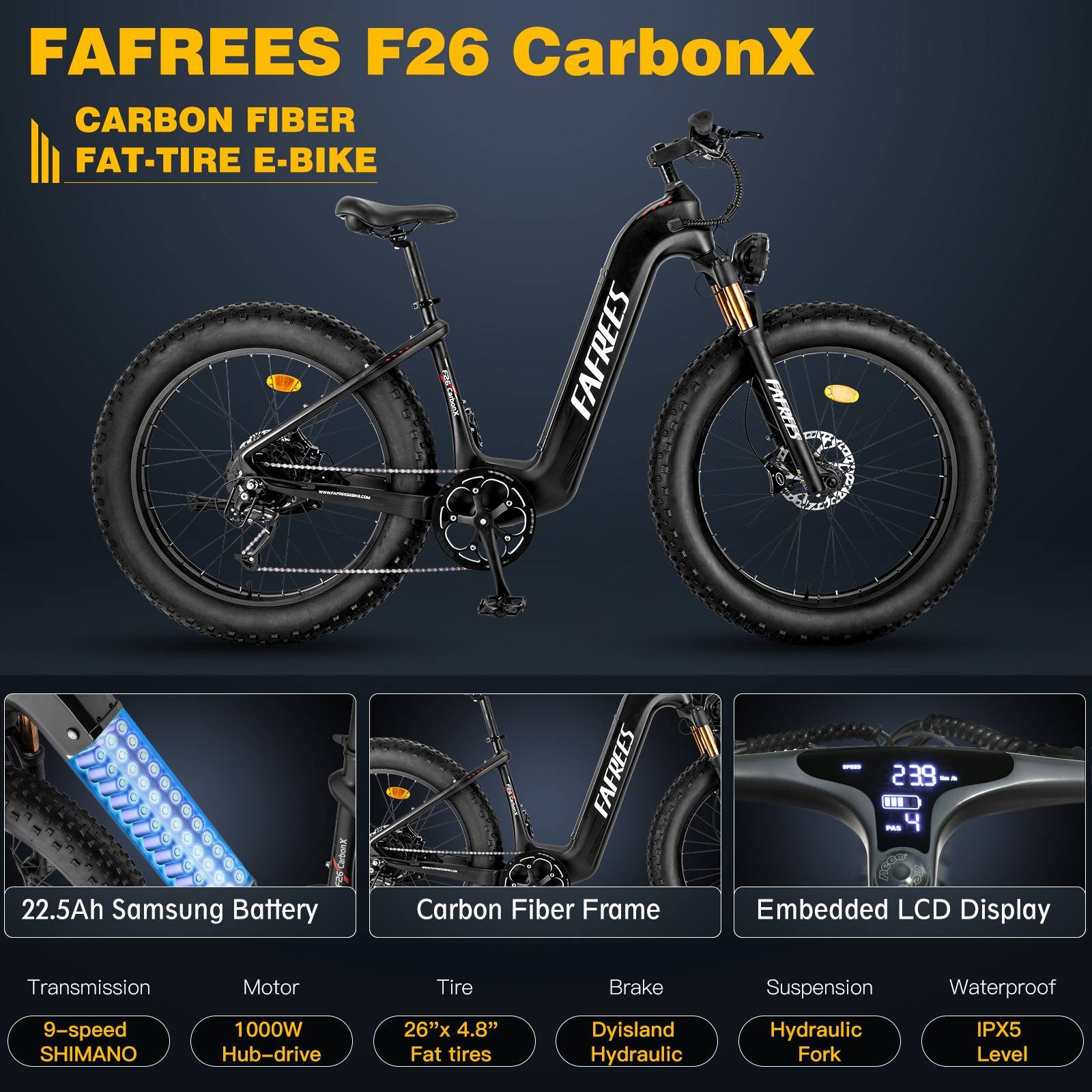 Bicicleta elétrica de 26 * 4,8 polegadas FAFREES F26 Carbono