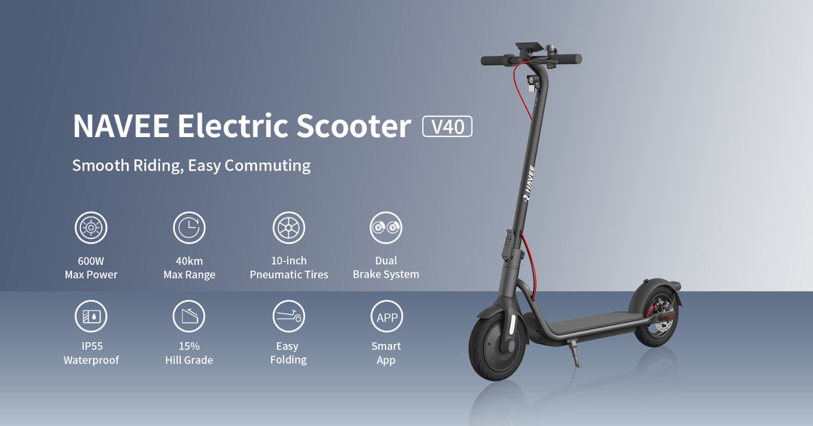 Foldable electric scooter NAVEE V40 600W Max Power 40km