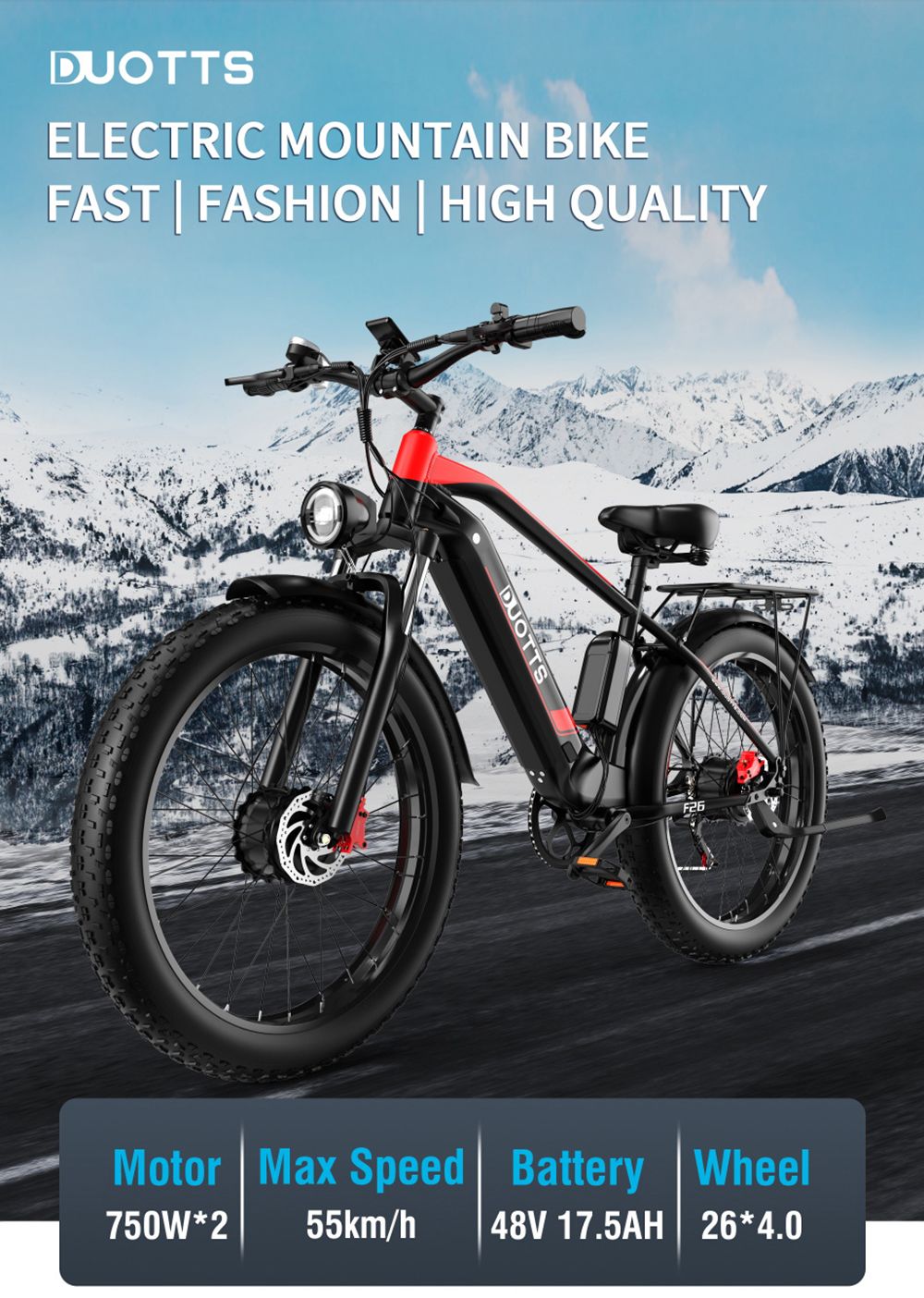 Bicicletă electrică 26 inchi DUOTTS F26 55Km/h 17,5 Ah 750W*2 Motoare duble Negru