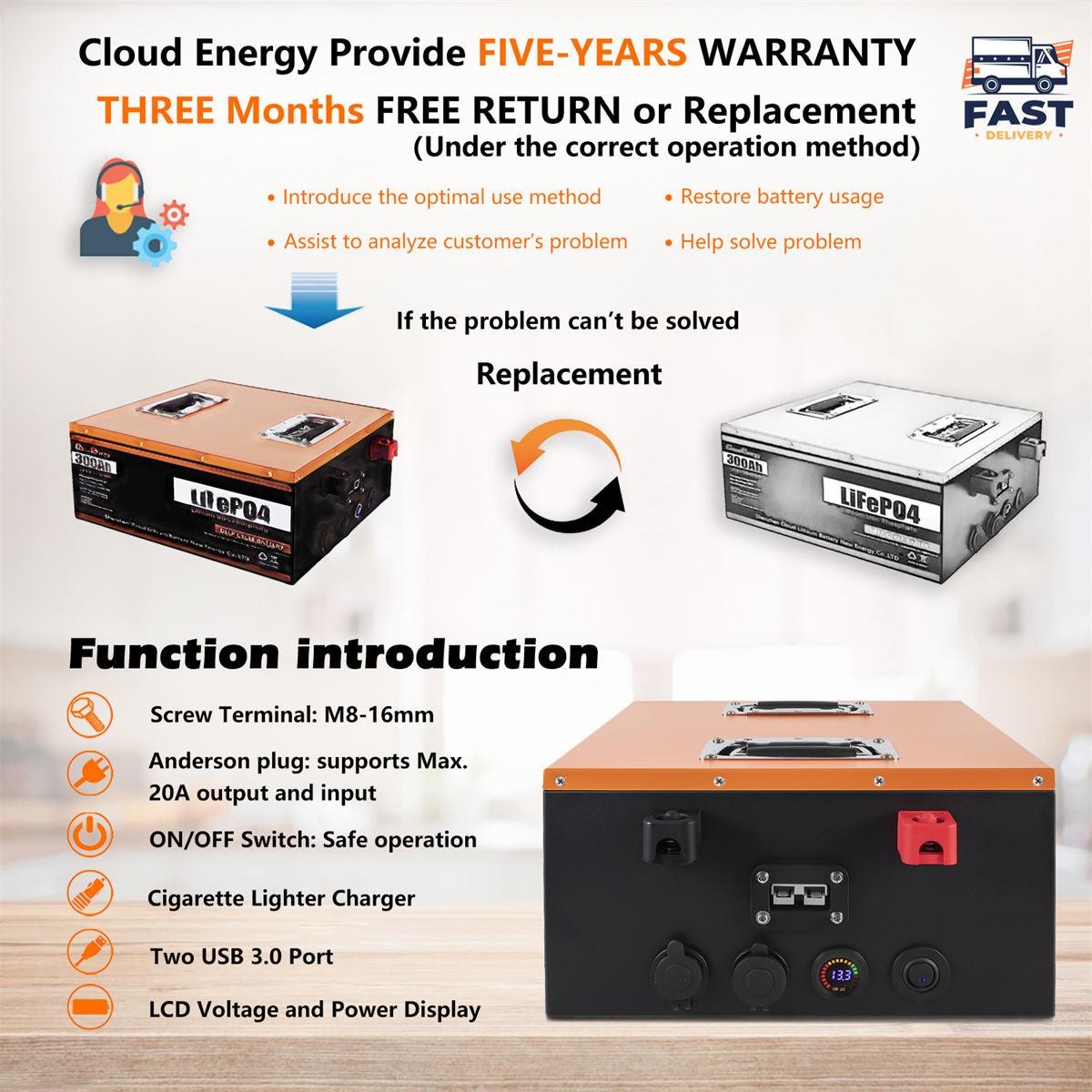 Cloudenergy 12V 300Ah LiFePO4 batteri