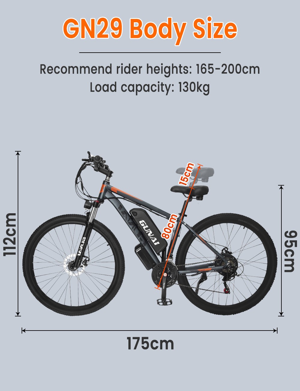 GUNAI GN29 Bicicleta electrica 29 inch Anvelopa 750W Motor 48V 15Ah 50km/h Viteza