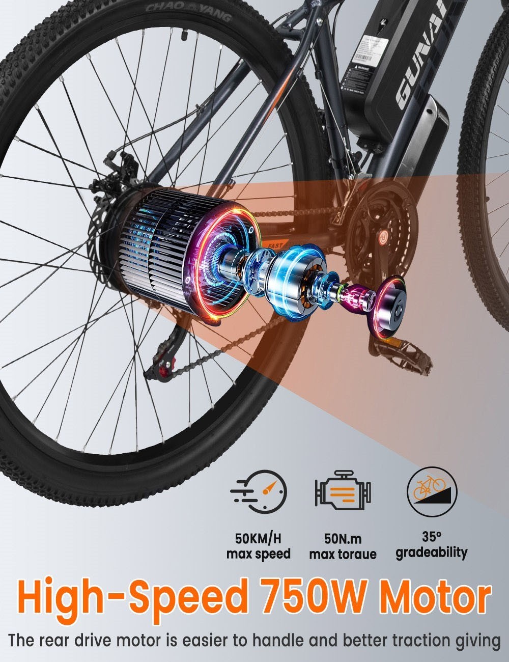 GUNAI GN29 elektrische fiets 29 inch band 750W motor 48V 15Ah 50km/h snelheid