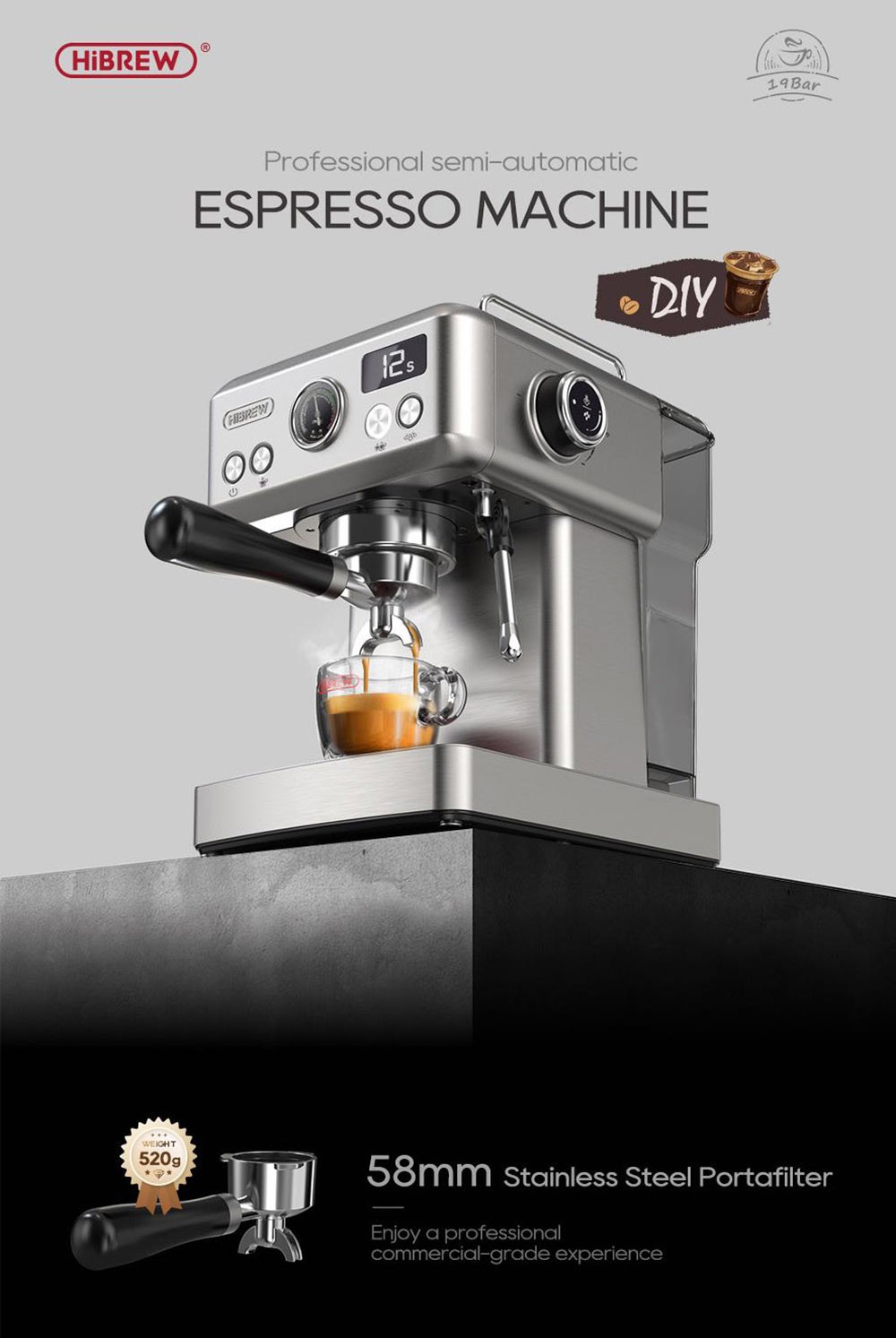 Półautomatyczny ekspres do kawy espresso HiBREW H10A, 19 barów