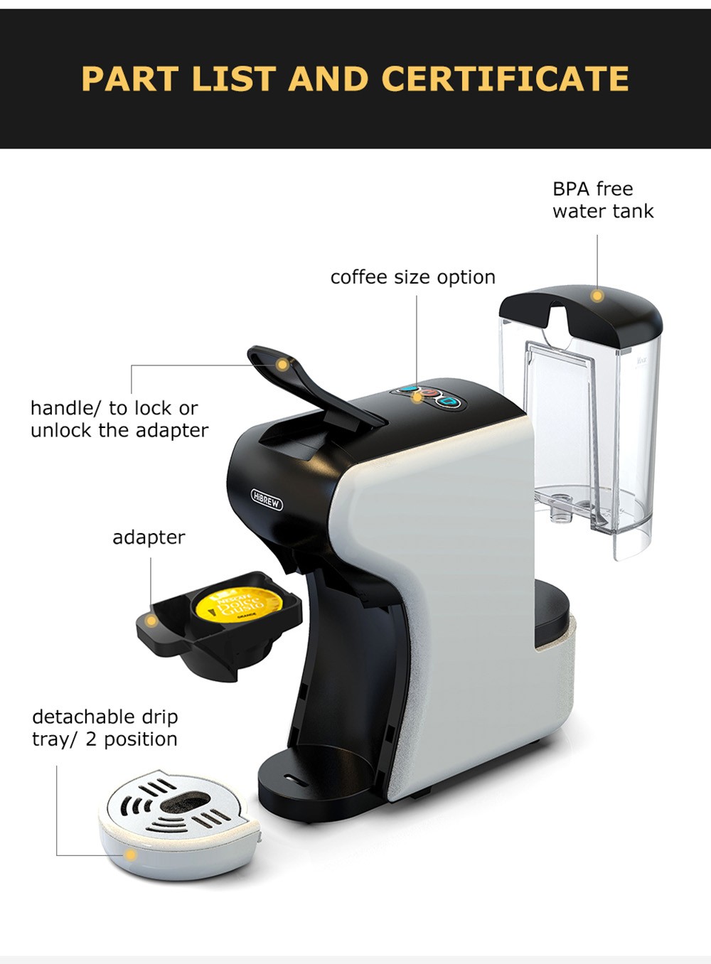 Hibrew H1A hot and cold 4 in 1 espresso coffee machine, 19 bars