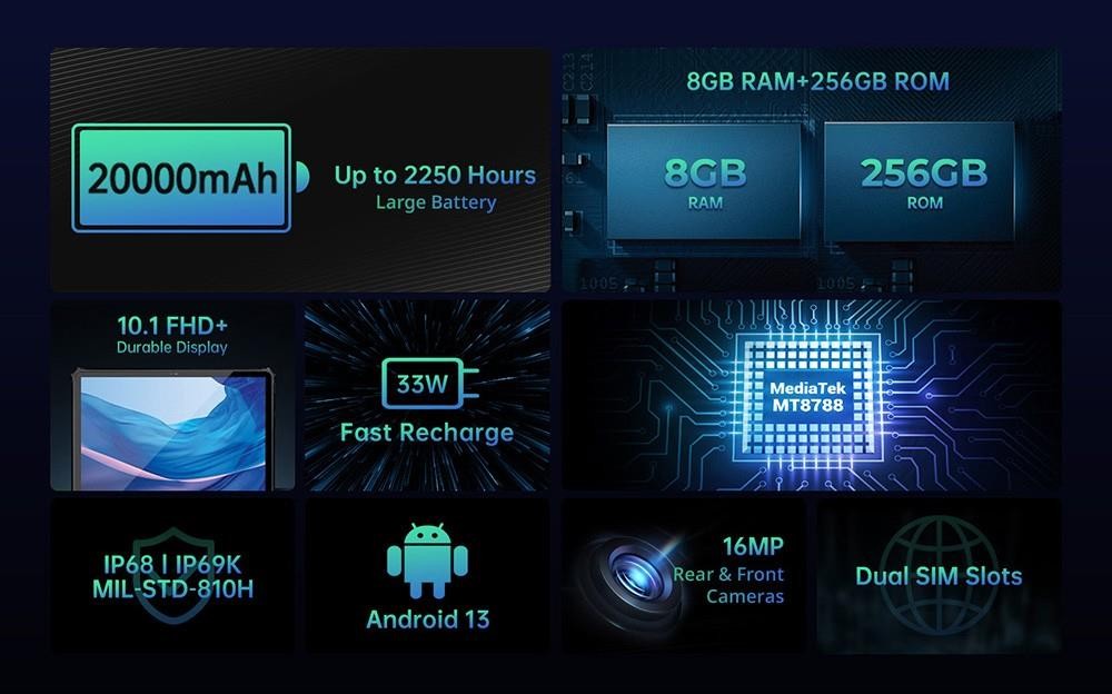 OUKITEL RT6 Android 13 Tablet 10,1 hüvelykes 8 GB RAM 256 GB ROM Fekete