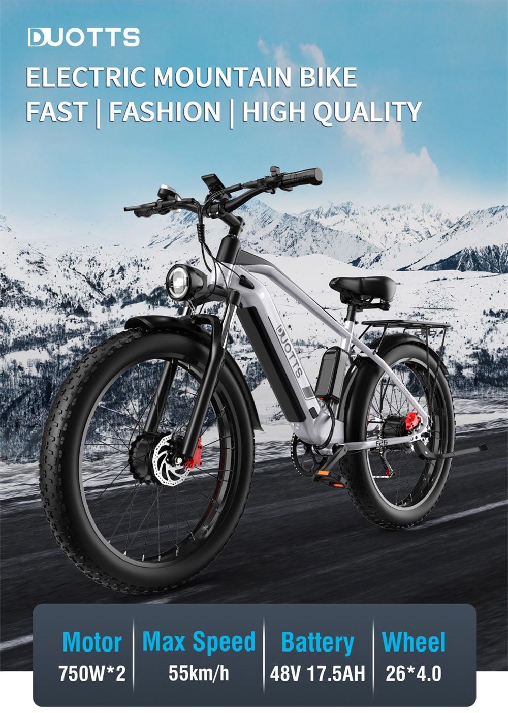 26 Inch Electric Bike DUOTTS F26 55Km/h 17.5 Ah 750W*2 Two Motors Silver