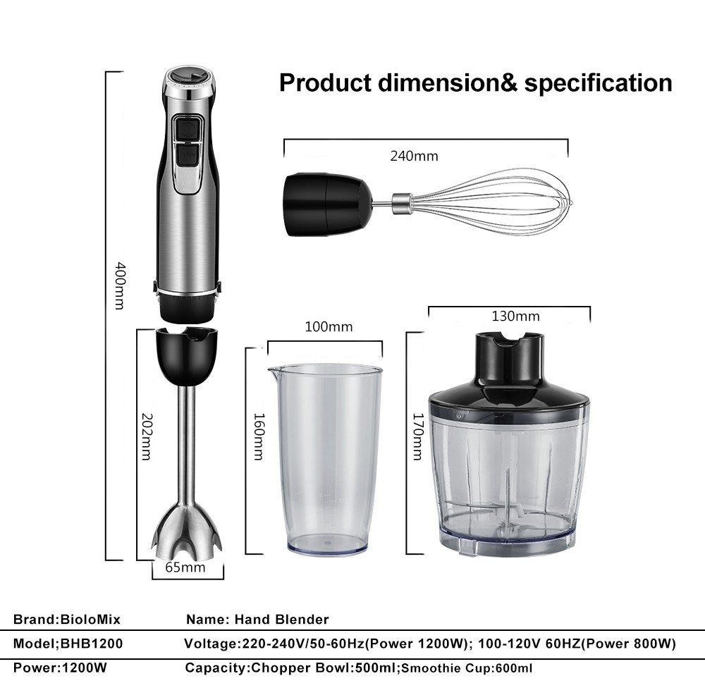 Biolomix 4 în 1 Mixer blender de mână cu imersie de mare putere, 1200 W