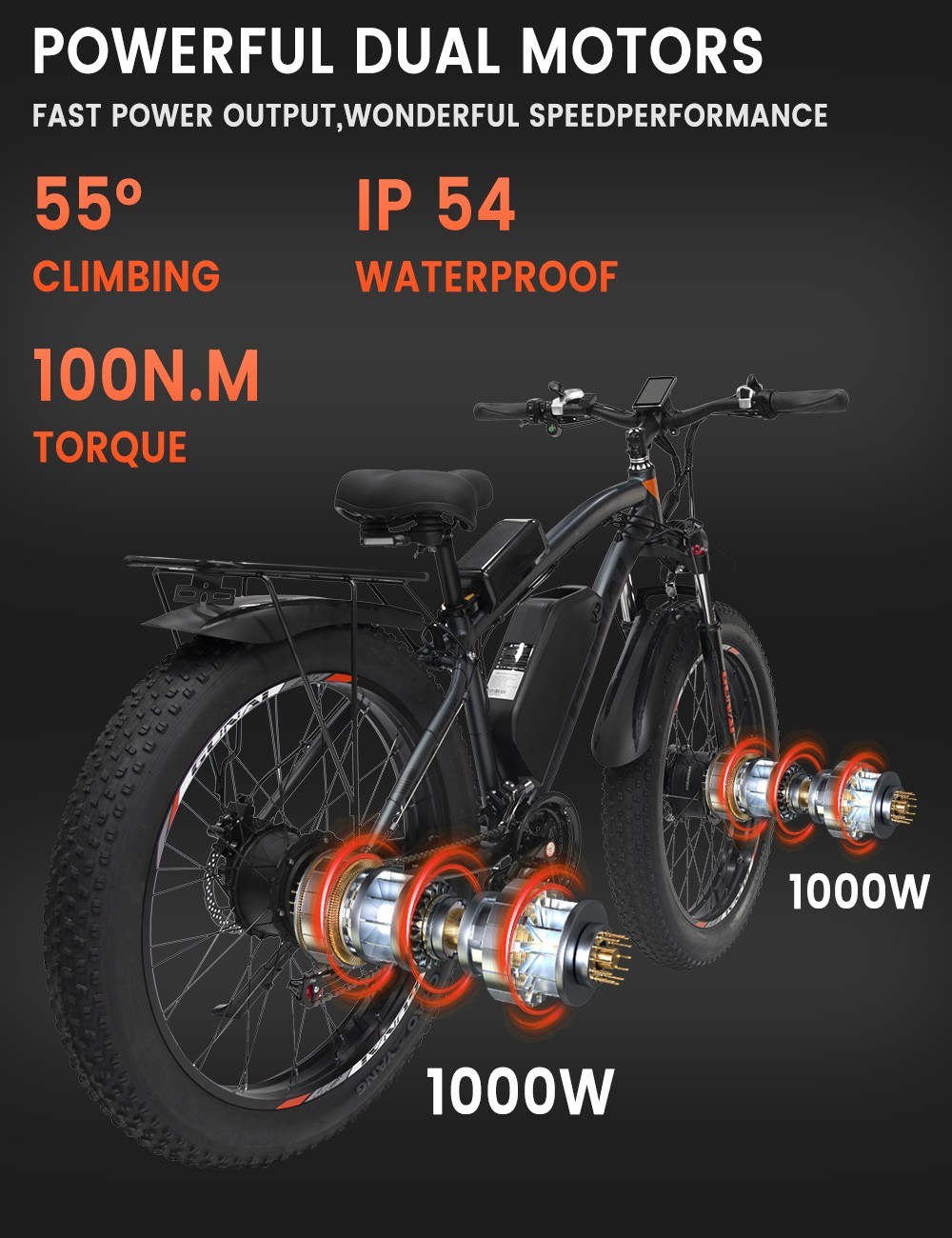 Velocidad eléctrica de los motores 48V 22Ah 55km/h de la pulgada 2*1000W de la bici 26 de GUNAI GN88