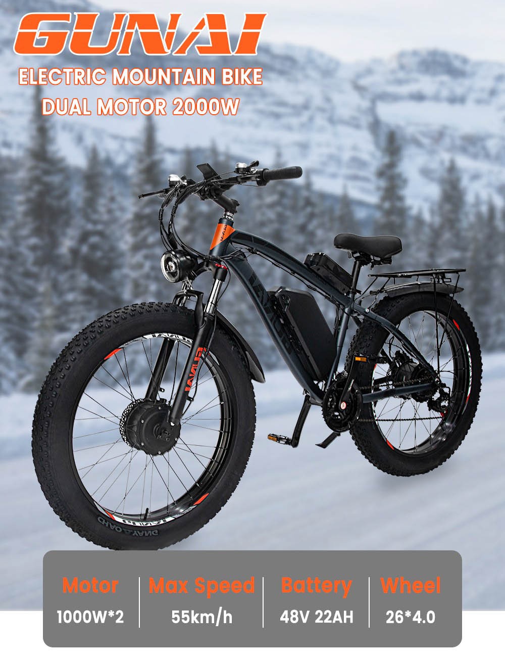GUNAI GN88 elektromos kerékpár 26 hüvelykes 2*1000W motorok 48V 22Ah 55km/h sebesség