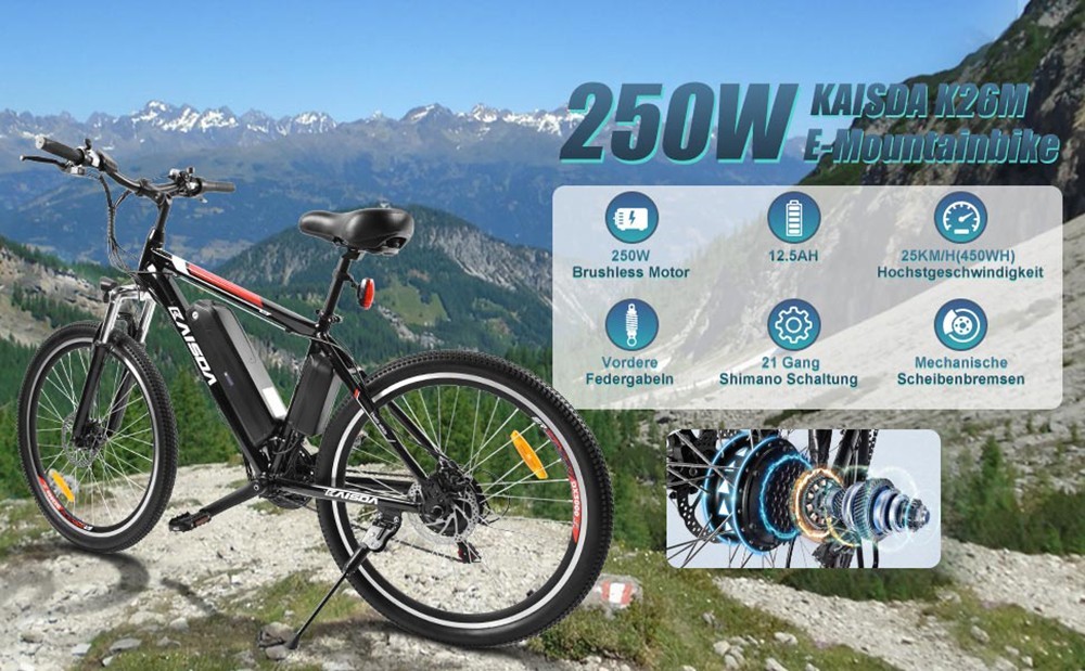 KAISDA K26M elektromos városi kerékpár 26 hüvelykes 25km/h 36V 12.5Ah 250W motor