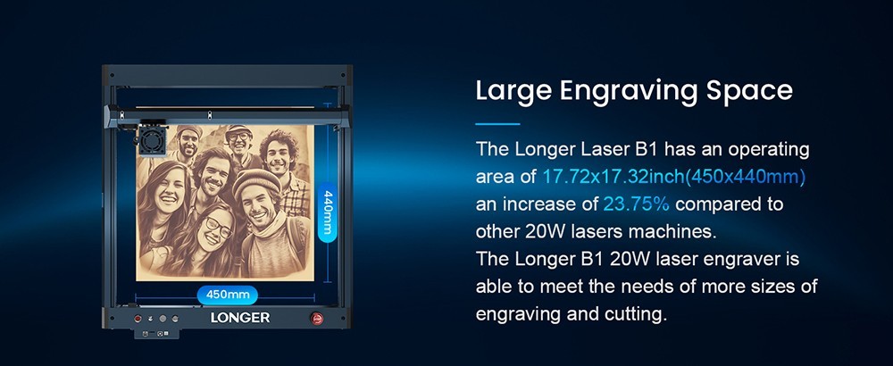 LONGER Laser B1 20W laserový rytec 450 x 440 mm Plocha gravírování