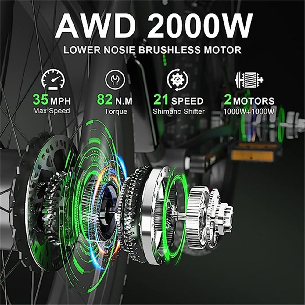 Rower elektryczny SMLRO XDC600 26 cali 1000 W podwójny silnik 55 km/h 48 V 22,4 Ah zielony