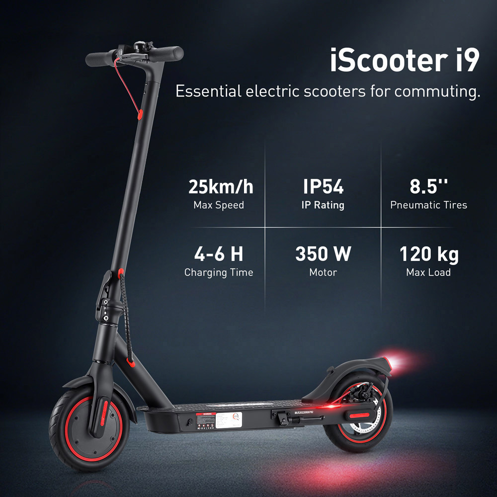 iScooter i9 Folding Electric Scooter 8.5 Inch Pneumatic Tire 350W Motor 7.5Ah Battery 25km/h Max Speed Black