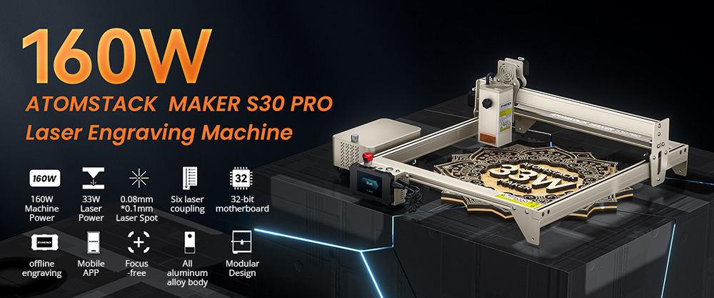 AtomSTACK Maker S30 Pro 33W Combo Laser Bed Rotary Rotary Cutter laser