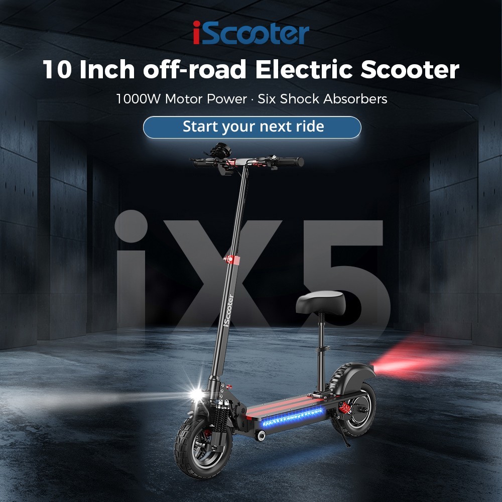 iScooter iX5 10 inch Off-road Electric Scooter 15Ah Battery 40-45km Range 1000W Motor 45km/h Max Speed 6 Shock Absorbers