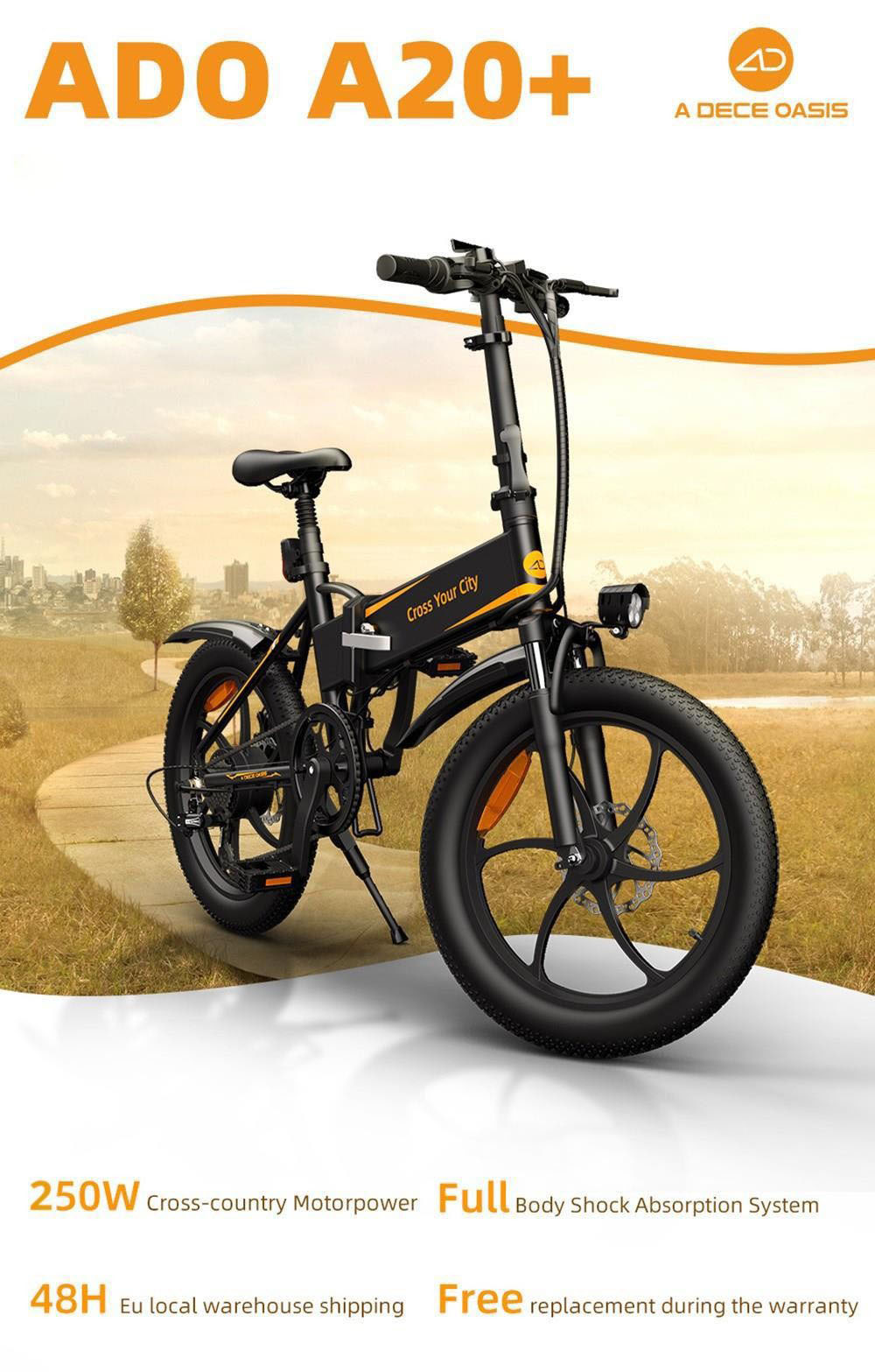 ADO A20 + Elektryczny rower składany 20 calowy rower miejski 250W Hall Bezszczotkowy silnik prądu stałego Przerzutka tylna SHIMANO 7-Speed u200bu200b36V 10.4Ah Wymienny akumulator 25 km / h Maksymalna prędkość do 60 km Maksymalny zasięg IPX5 Podwójna amortyzacja Rama ze stopu aluminium - czarna