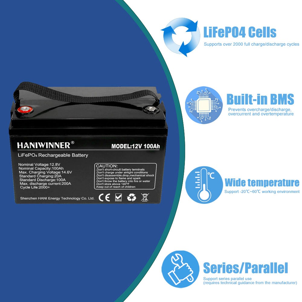 Bateria de lítio HANIWINNER HD009-10 12,8 V 100 Ah LiFePO4