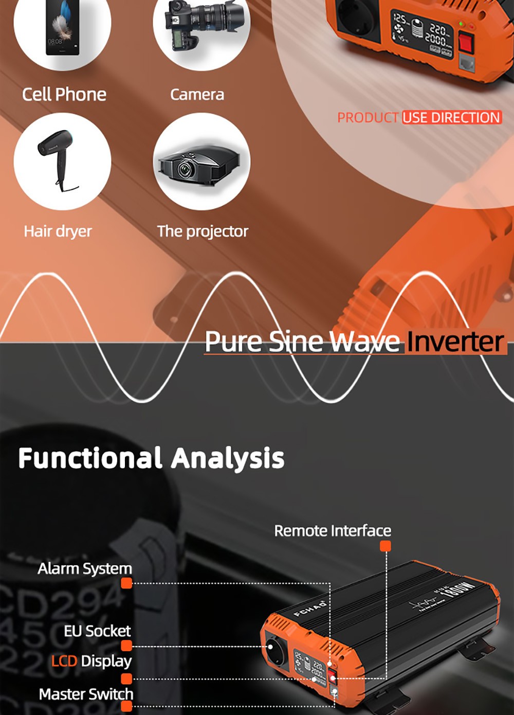 Inversor de onda sinusoidal pura FCHAO 1800W 24V