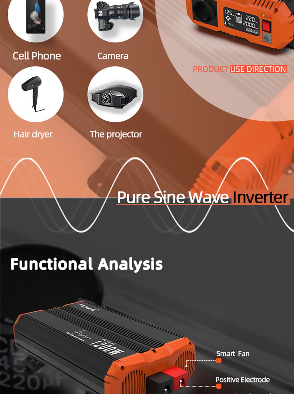 Inversor de onda sinusoidal pura FCHAO 1200W 12V