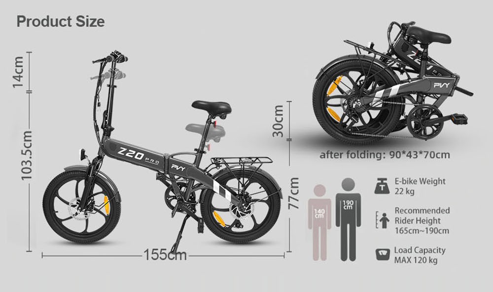 Bicicleta electrica PVY Z20 Pro 20 inch 500W Motor 36V 10.4AH 25Km/h Gri