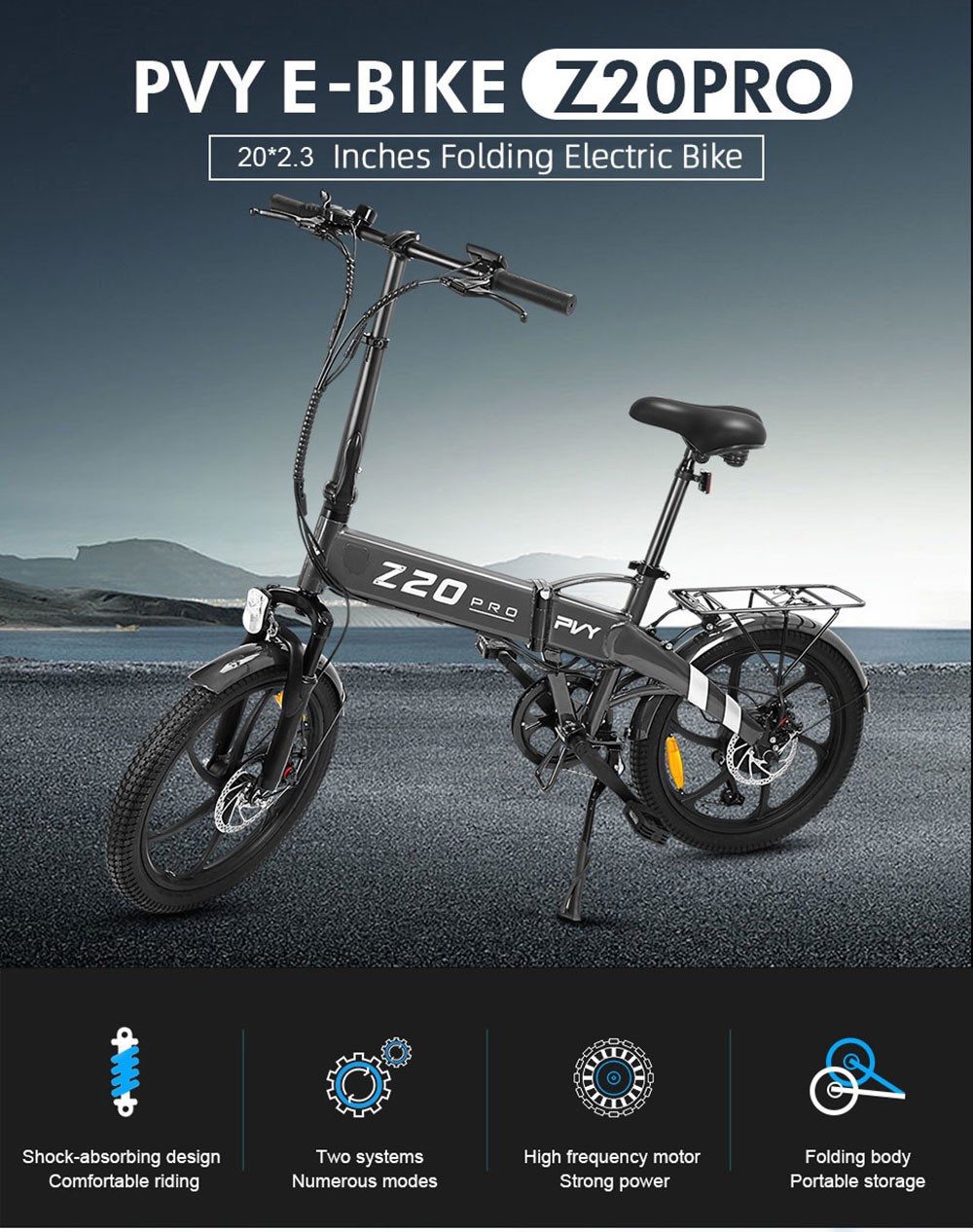 PVY Z20 Pro Elcykel 20 Tommer 500W Motor 36V 10,4AH 25Km/t Grå