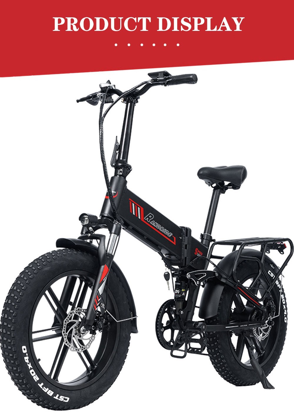 RANDRIDE YX20 Electric Bike 1000W Motor 45km/h Max Speed 48V 17Ah Battery 80-90km Max Range 20*4.0'' One-Wheel Fat Tires 150kg Load  Shimano 7-Speed Gear