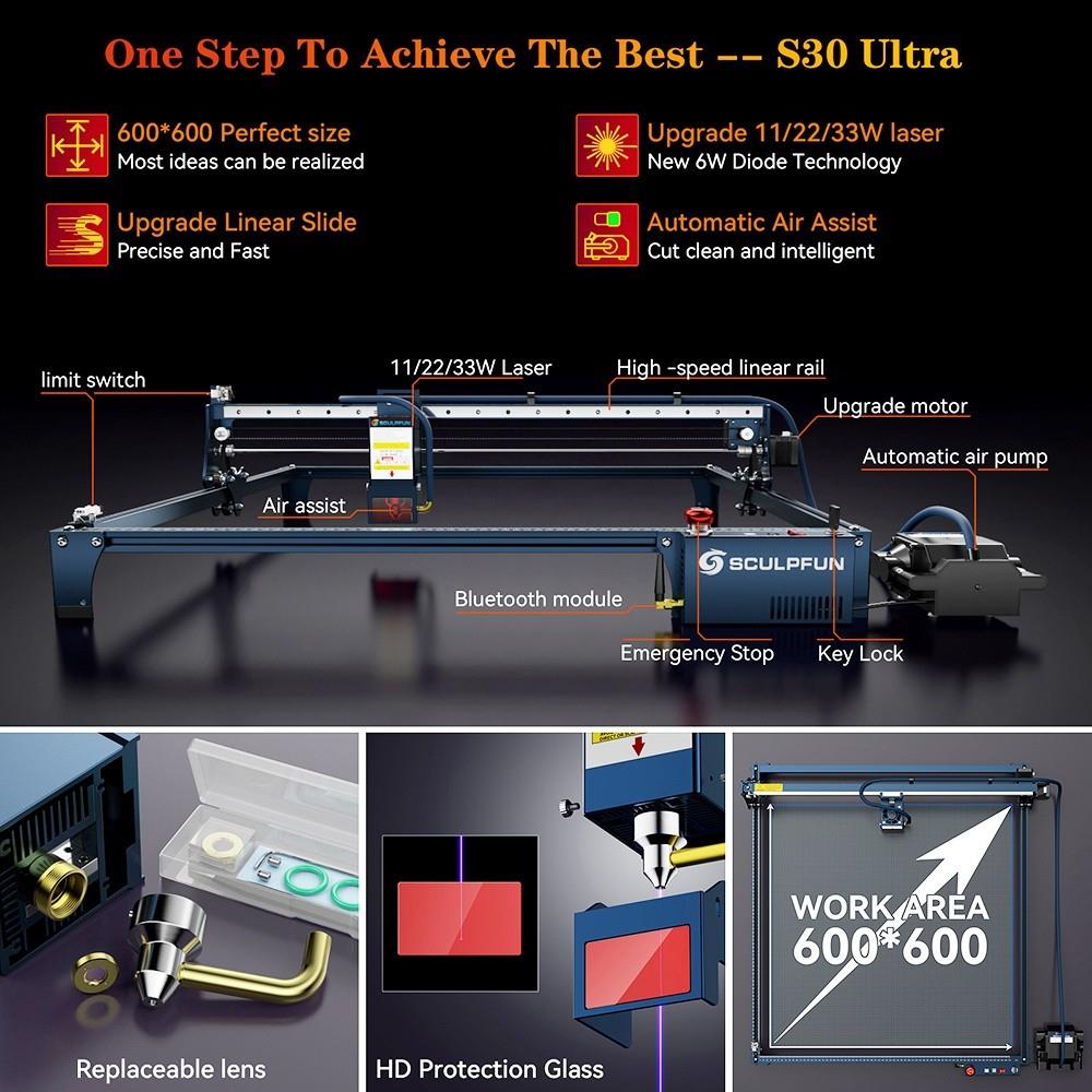 Laserová gravírovací řezačka SCULPFUN S30 Ultra 22W