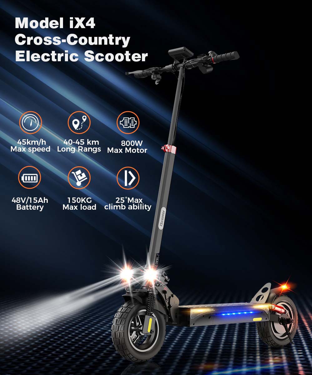 iScooter IX4 elektromos robogó 10 hüvelykes méhsejt gumiabroncsok 800 W motor 45 km/h maximális sebesség 48 V 15 Ah akkumulátor 40-45 km hatótávolságú alkalmazásvezérlés
