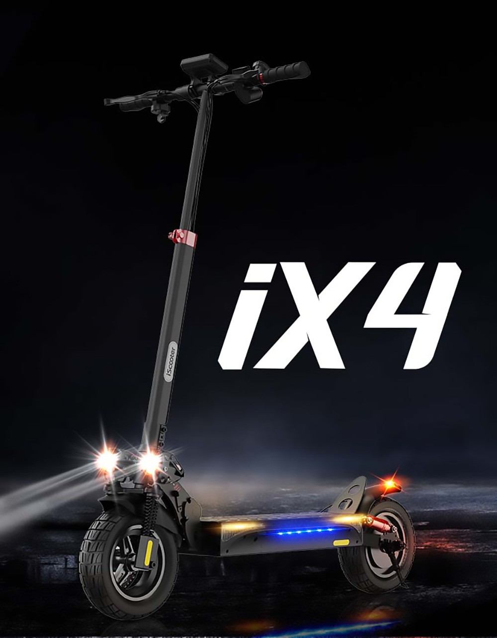 iScooter IX4 elektromos robogó 10 hüvelykes méhsejt gumiabroncsok 800 W motor 45 km/h maximális sebesség 48 V 15 Ah akkumulátor 40-45 km hatótávolságú alkalmazásvezérlés