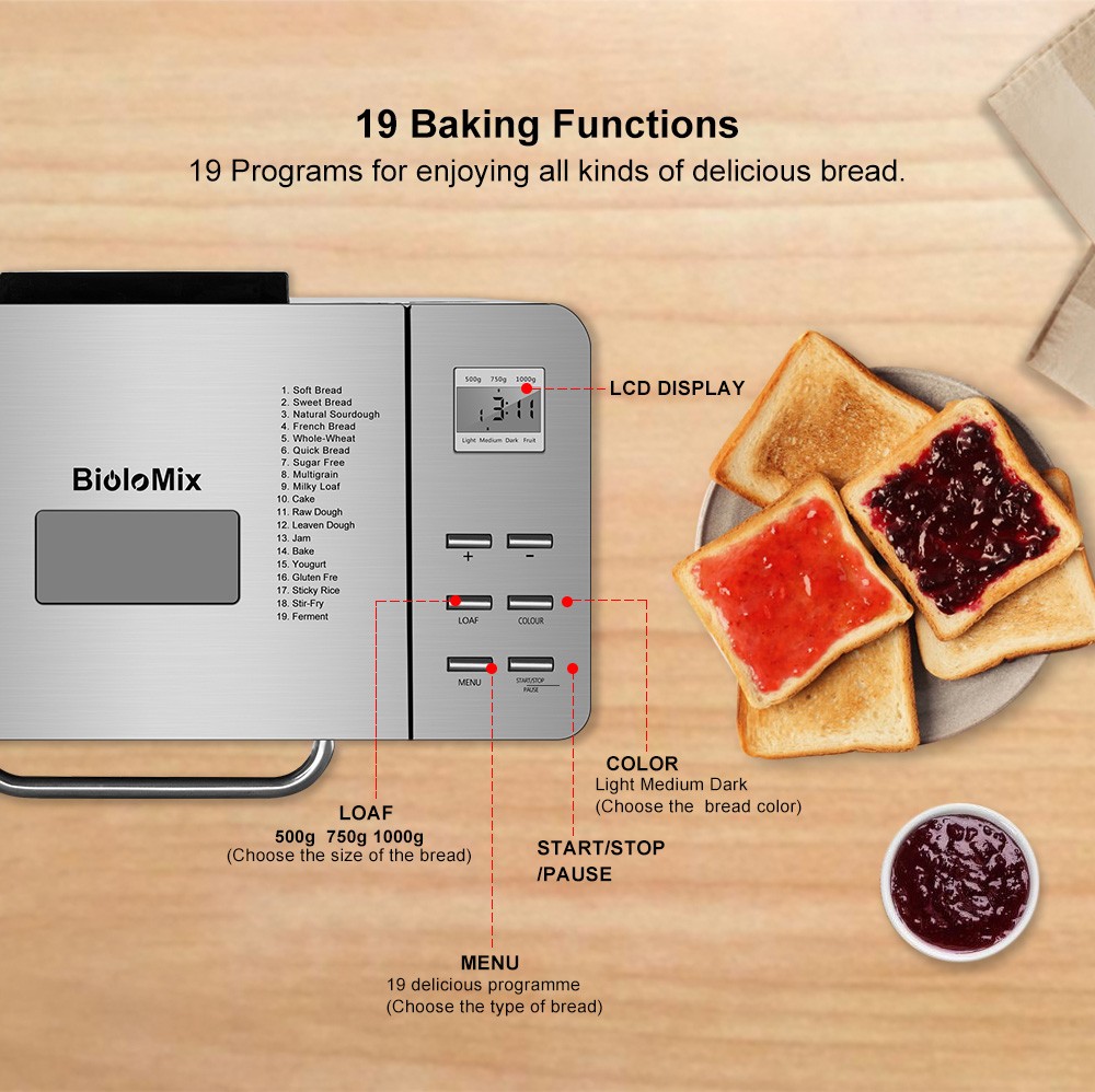 Biolomix BBM013 Macchina per il pane automatica 19 in 1, acciaio inossidabile