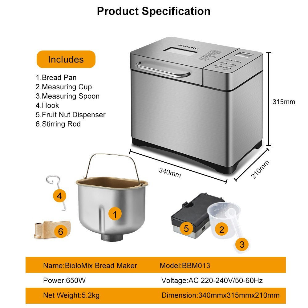 Biolomix BBM013 19-i-1 automatisk brødmaskine, rustfrit stål