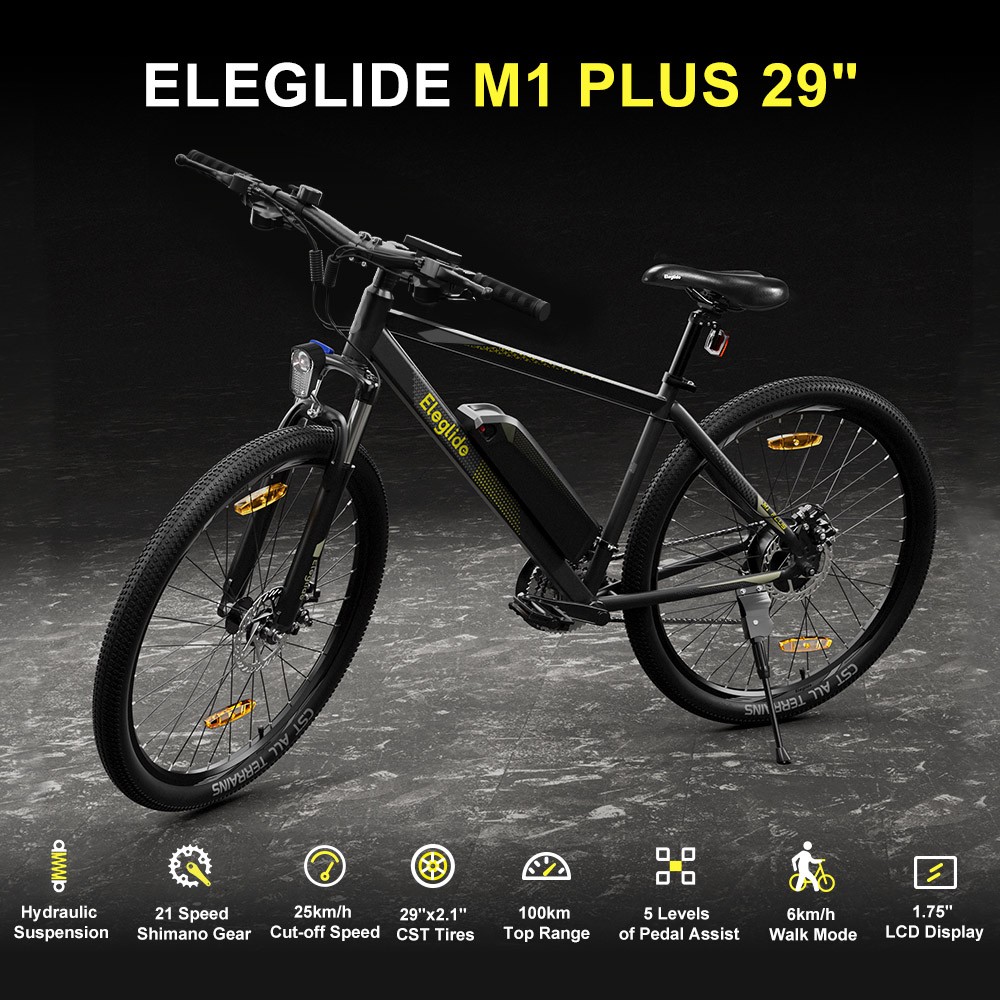 ELEGLIDE M1 PLUS 29-calowy rower elektryczny Akumulator 36 V 12.5 Ah Zasięg 100 km Silnik bezszczotkowy 250 W Maks. prędkość 25 km/h Shimano 21 biegów Przekładnia 100 km Najwyższej klasy podwójne hamulce tarczowe Przytulne siodełko z pianki 29