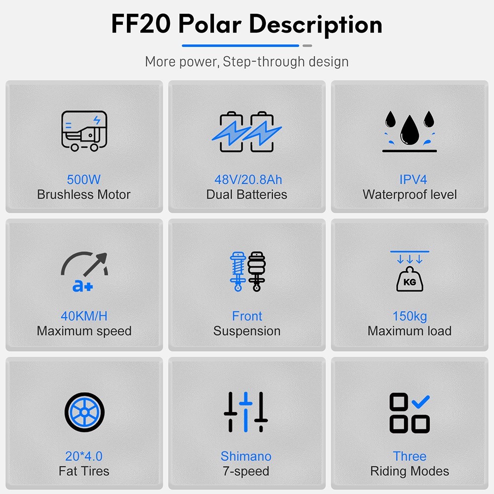FAFRES FF20 Polar E-Bike 40Km/h 500W 48V 10,4AH dvojitá baterie modrá