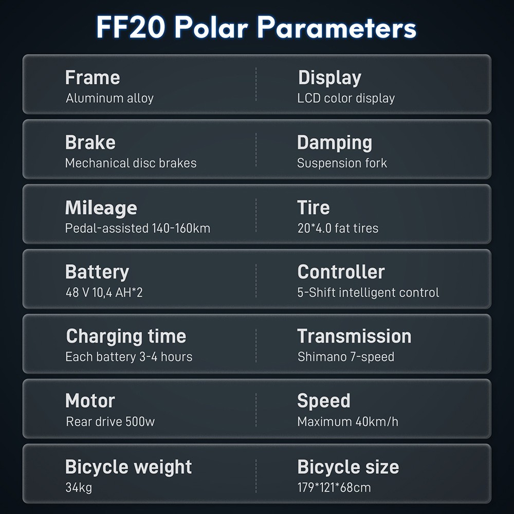 FAFRES FF20 Polar E-Bike 40Km/h 500W 48V 10.4AH Baterie dublă Albastru