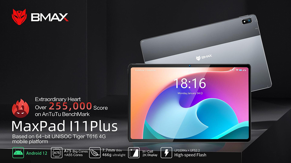 BMAX I11PLUS 4G-tablet, Android 12 T616-processor