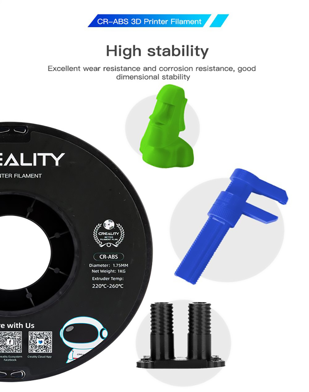 Filamento de impresión 3D Creality CR 1,75 mm ABS 1 KG Blanco