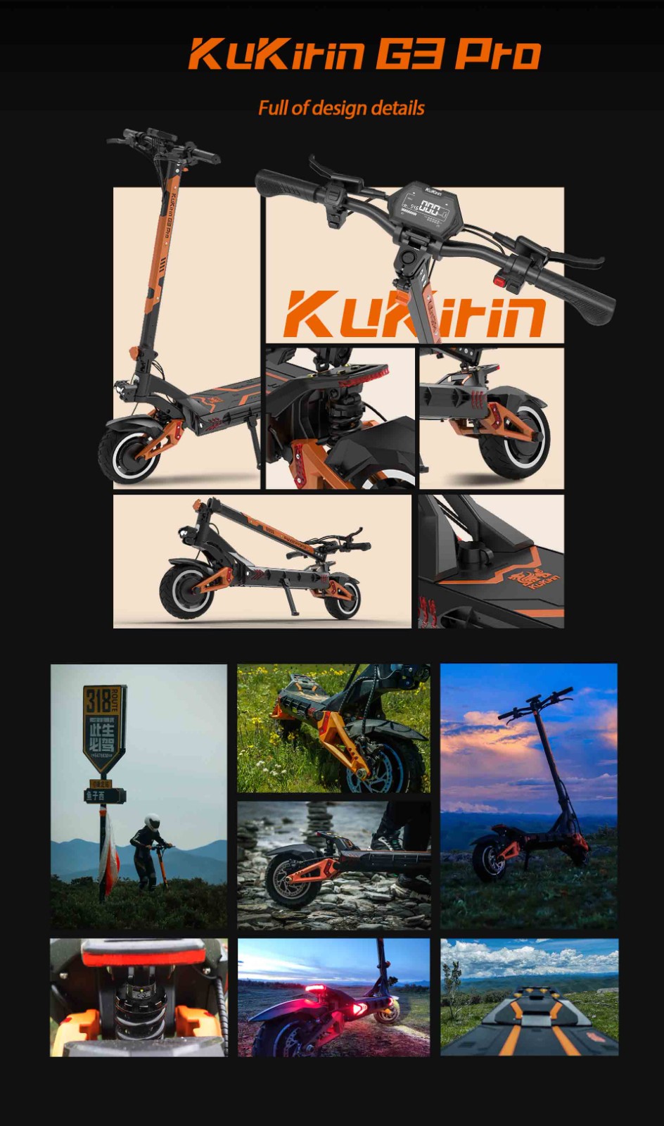 KuKirin G3 Pro 1200W*2 Moteurs Scooter électrique Tout-Terrain Pneus 10 Pouces, Batterie Amovible 52V 23.2Ah, Gamme Supérieure 80KM, Vitesse Max 65Km/h, Double Amortisseur, Étanche IP54, Double Freins à Huile
