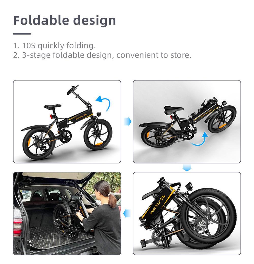 ADO A20+ Electric Folding Bike 20 inch City Bicycle 250W Hall Brushless Gear DC Motor SHIMANO 7-Speed Rear Derailleur 36V 10.4Ah Removable Battery 25km/h Max speed up to 60km Max Range IPX5 Double Shock-absorption Aluminum alloy Frame - Black