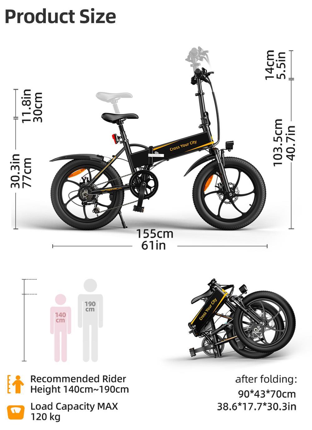 ADO A20+ elektrisk hopfällbar cykel 250W motor 10,4Ah batteri vit