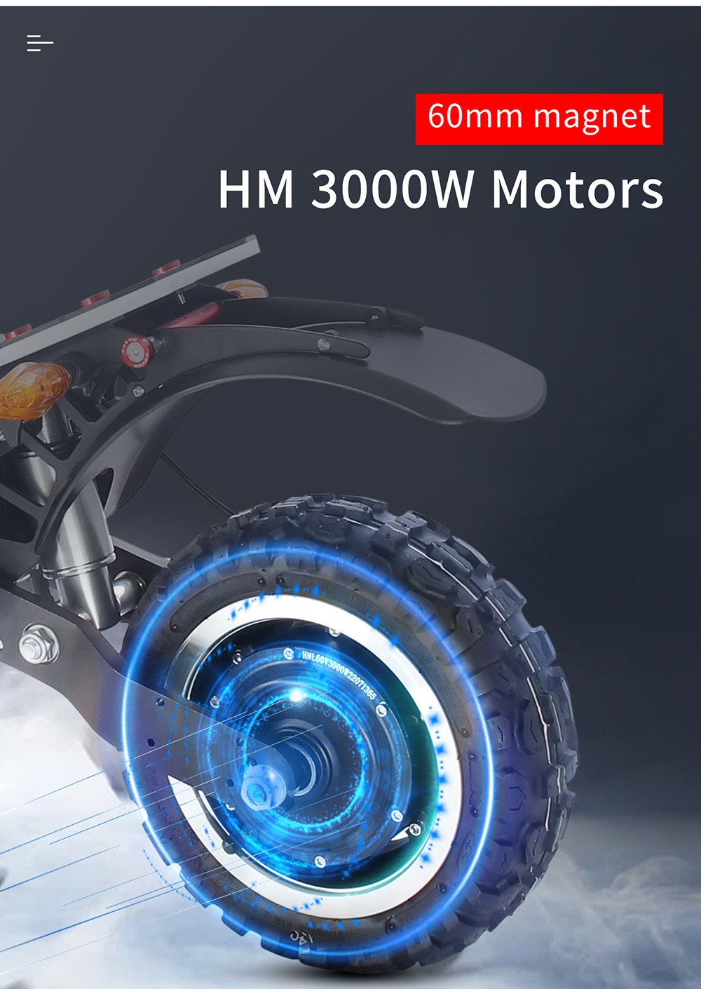 Halo Knight T107 Pro elektromos robogó 11 hüvelykes terep gumiabroncs 3000 W*2 kettős motor 95 km/h maximális sebesség 60 V 38.4 Ah akkumulátor 80 km max.