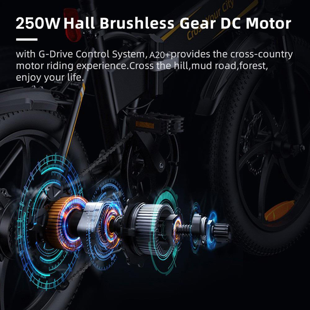 ADO A20+ Ηλεκτρικό αναδιπλούμενο ποδήλατο 20 ιντσών Ποδήλατο πόλης 250 W Hall Brushless Gear DC Motor SHIMANO 7-τάχυτο Πίσω ντεραγιέ 36V 10.4Ah Αφαιρούμενη μπαταρία 25km/h Μέγιστη ταχύτητα έως 60km Μέγιστη εμβέλεια IPX5 Μαύρο Σοκ -ab