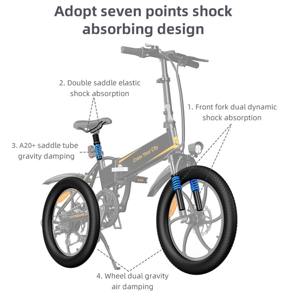 ADO A20 + Elektryczny rower składany 20 calowy rower miejski 250W Hall Bezszczotkowy silnik prądu stałego Przerzutka tylna SHIMANO 7-Speed u200bu200b36V 10.4Ah Wymienny akumulator 25 km / h Maksymalna prędkość do 60 km Maksymalny zasięg IPX5 Podwójna amortyzacja Rama ze stopu aluminium - czarna