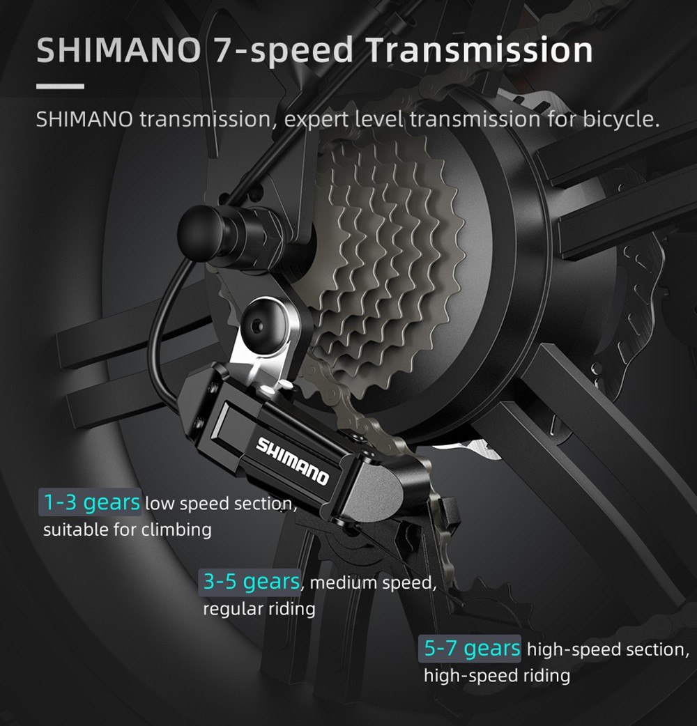 ADO A20F+ Terep elektromos összecsukható kerékpár 20 * 4.0 hüvelykes 500 W-os kefe nélküli egyenáramú motor SHIMANO 7 sebességes hátsó váltó 36 V 10.4 Ah Kivehető akkumulátor 35 km/h Max sebesség Tiszta teljesítmény 50 km-ig Hatótávolság Alumínium - Fekete ötvözet váz