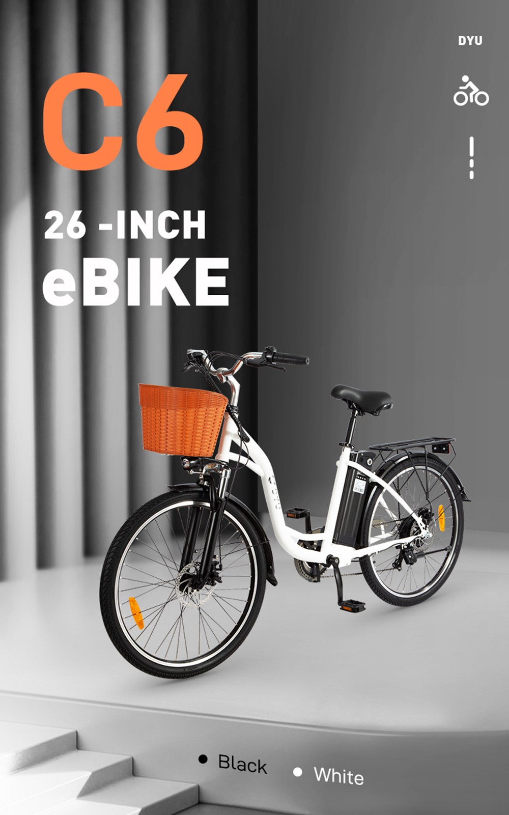 DYU C6 versiune nouă bicicletă electrică 350W motor 36V 12.5AH - alb